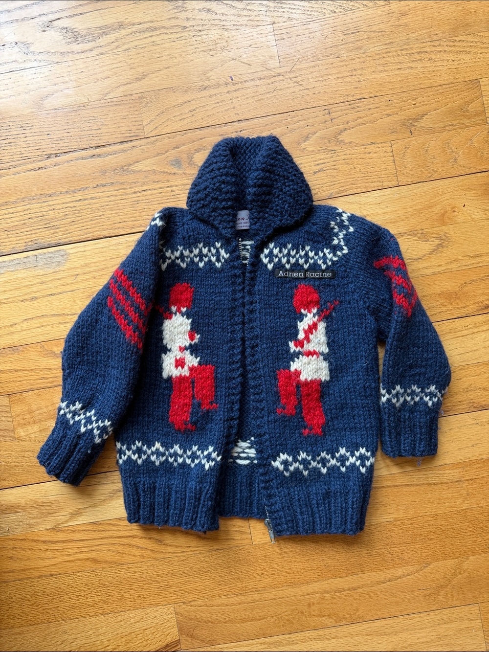 Vintage Adrien Racine Navy Hand-Knit Soldier Motif Zip Cardigan Sweater
